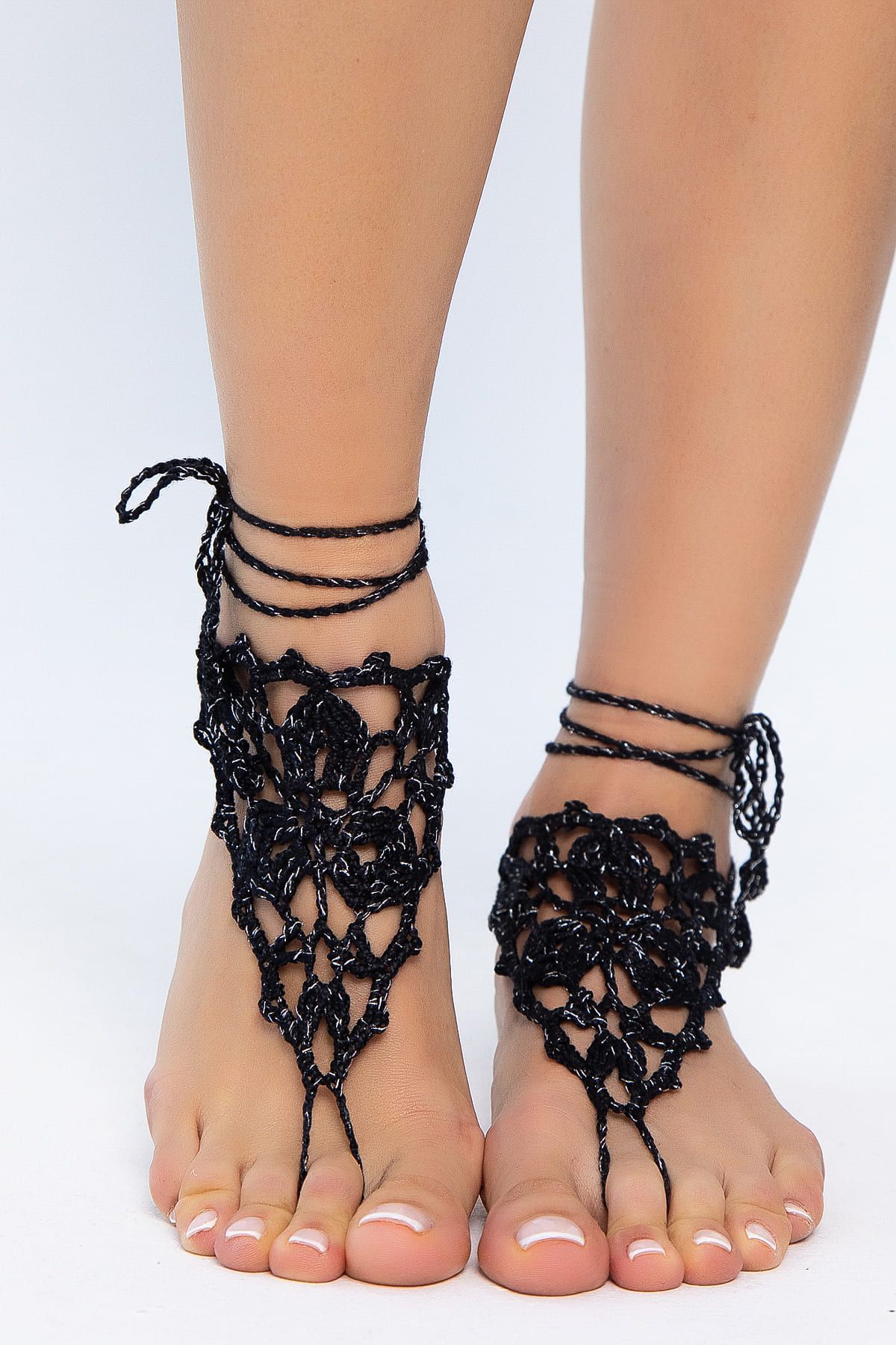 Барефуты Вязанные украшения на ноги (черный/серебро) БФ06